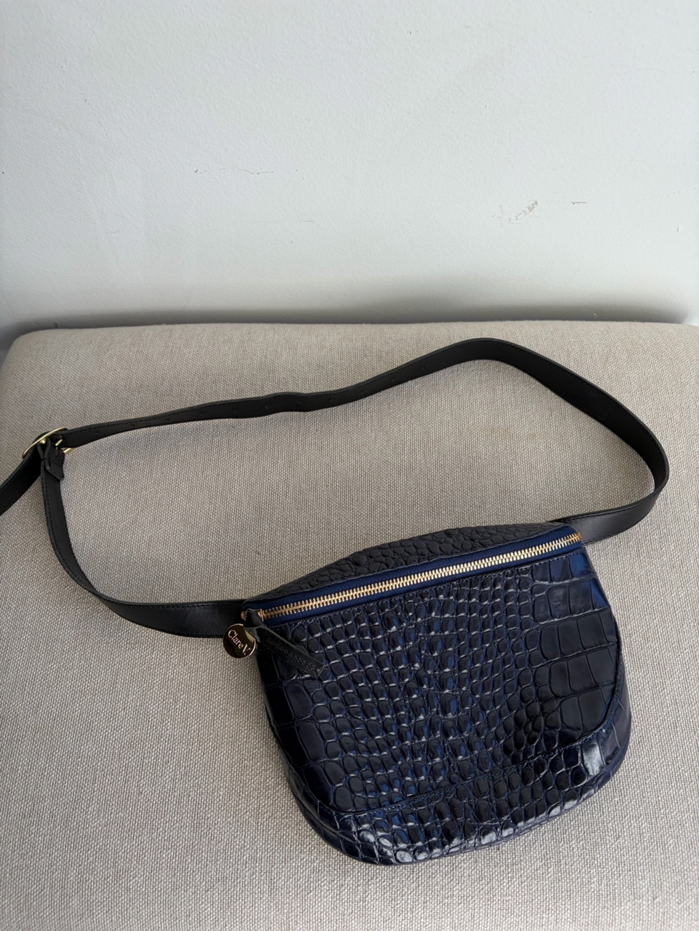 CLARE V Croc Navy Black Embossed Leather Fanny Pack